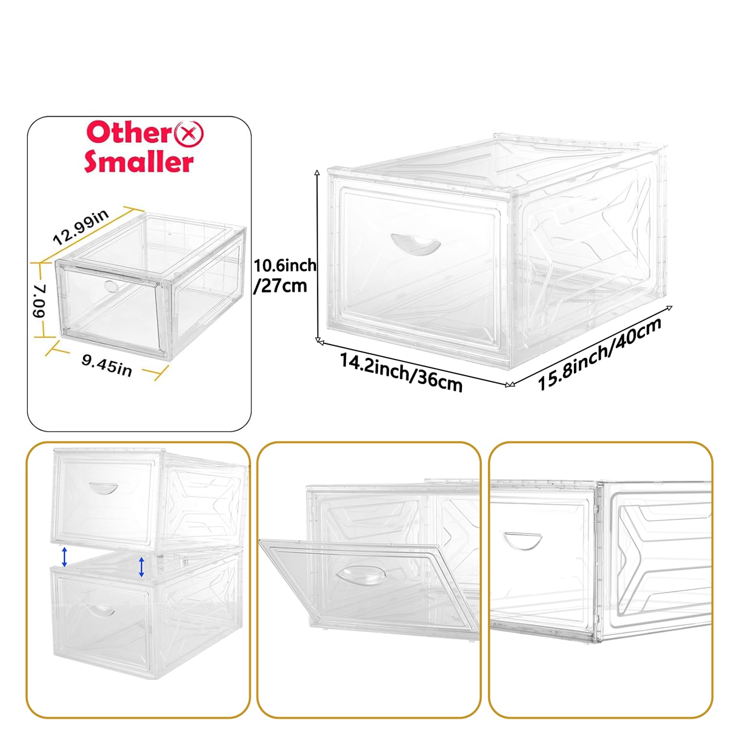Organizer per scarpe trasparente spesso e robusto, scatole impilabili per armadio, scarpiera pieghevole salvaspazio, 3 contenitori XL per scarpe con coperchio, per donne/uomini, 40 x 36 x