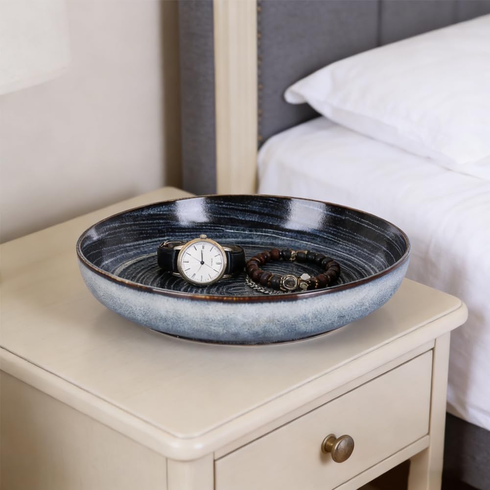 Blue Decorative Bowl, 9.3in Hand Painted Navy Blue Ceramic Fruit Bowl for Kitchen Counter, Decorative Ceramic Bowl for Keys Jewelry, Large Decorative Bowl for Dining Table Centerpieces