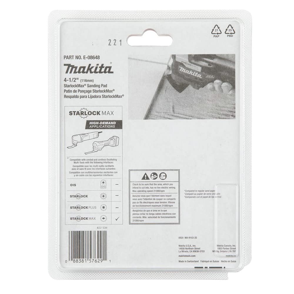 Makita E-08648 StarlockMax® Oscillating Multi-Tool 4-1/2" Tungsten Carbide 40 Grit Delta Triangle Sanding Pad