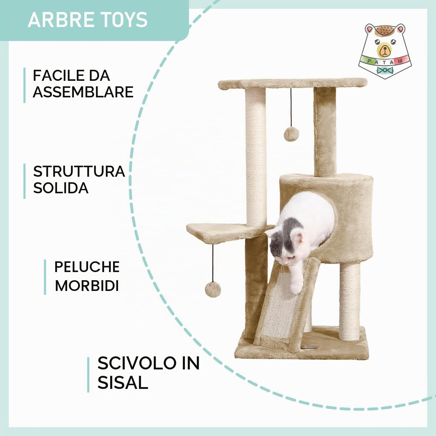 Tiragraffi per Gatti alto 83,5 cm, Graffiatoio in Sisal Casetta con Palline Gioco, Cuccia per Gatti - Toys Beige
