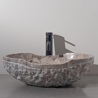Marble Vessel Sink – Boat Shaped Stone Sink 20x14x6 inch, Hand-Carved Modern-Rustic Exterior, Polished Interior