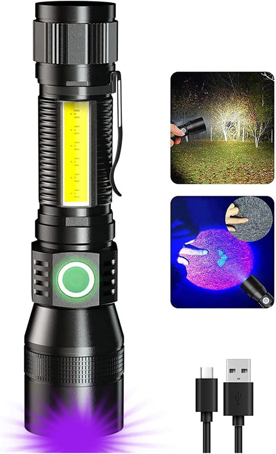 AdamStar UV Flashlight Black Light, 3-in-1 Magnetic Flashlight Rechargeable, 1000 Lumen Tactical LED Flashlight, 7 Modes Waterproof UV Light Flashlight for Camping Emergencies Pet Urine Detection