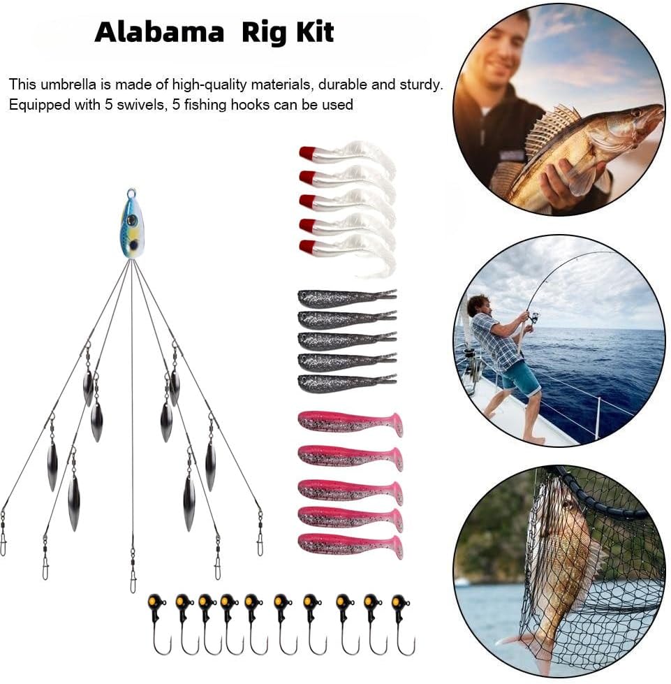 Alabama Rig Kit 5 Arms Alabama Umbrella Rig Bass Fishing Kit a Rig Fishing Lures Bait Rigs with Pre-Rigged Paddle Tail Swimbaits Boat Trolling Willow Blade Multi-Lure Rig