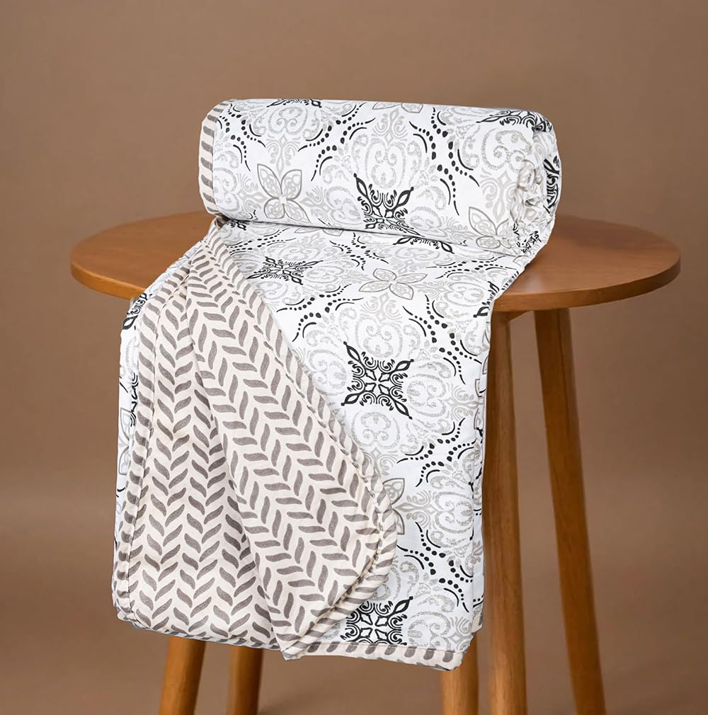 BSB HOME Pure Cotton 120 GSM Reversible Soft Lightweight Printed Double Bed Blanket/AC Dohar/Skin Friendly Dohar-220 x 230 cm - White and Brown