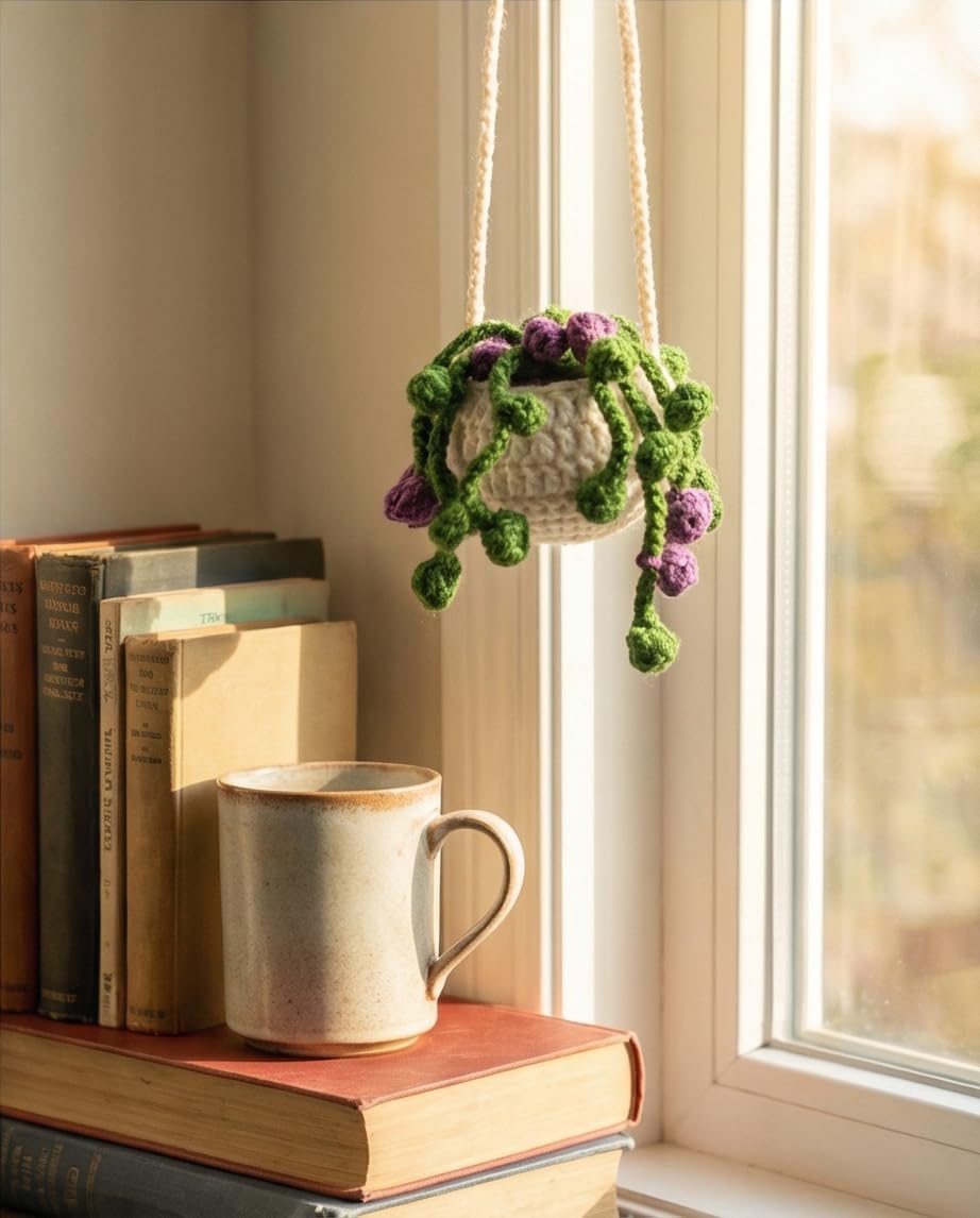 BRYNZA Craft Purple Handmade Crochet Succulent Car Accessory, Handmade Knitted Car Plants, Crochet Plant, Rear View Car Mirror Hanging, Hand-Woven Decoration image 3