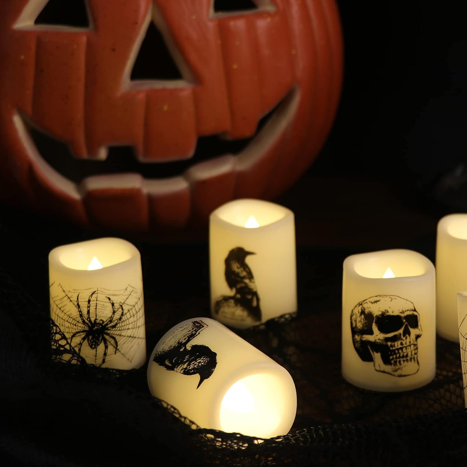 Wondise Halloween Flameless Tea Light Candles with Timer, 6 pcs Battery Operated LED Flickering Votive Candle with Skull Spider Crow Print for Halloween Decoration