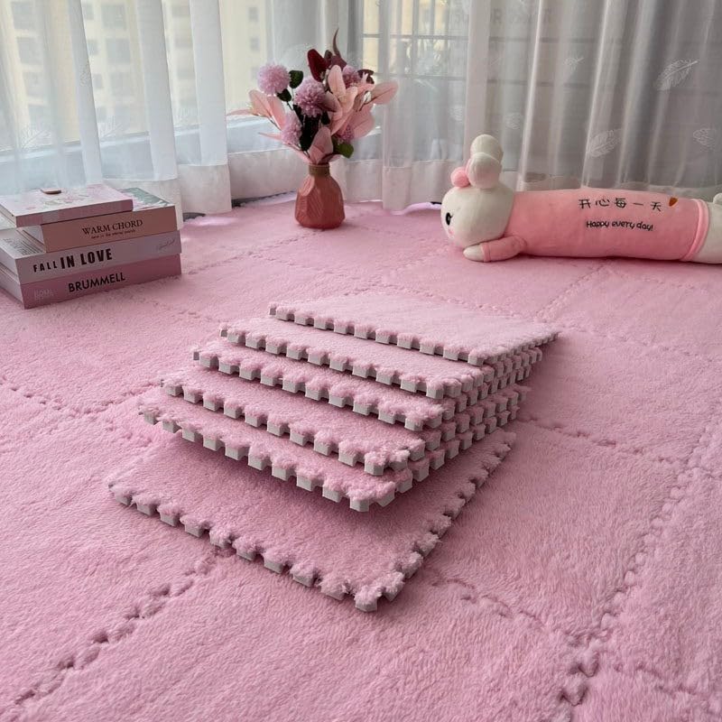 HEIBTENY 10 Pack Splicing Plush Foam Floor Mats, for Easy to Interlocking Carpet Tiles for Any Space, Soft Flannel and Foam Flooring with for Edge Binding, 30x30cm(Pink)