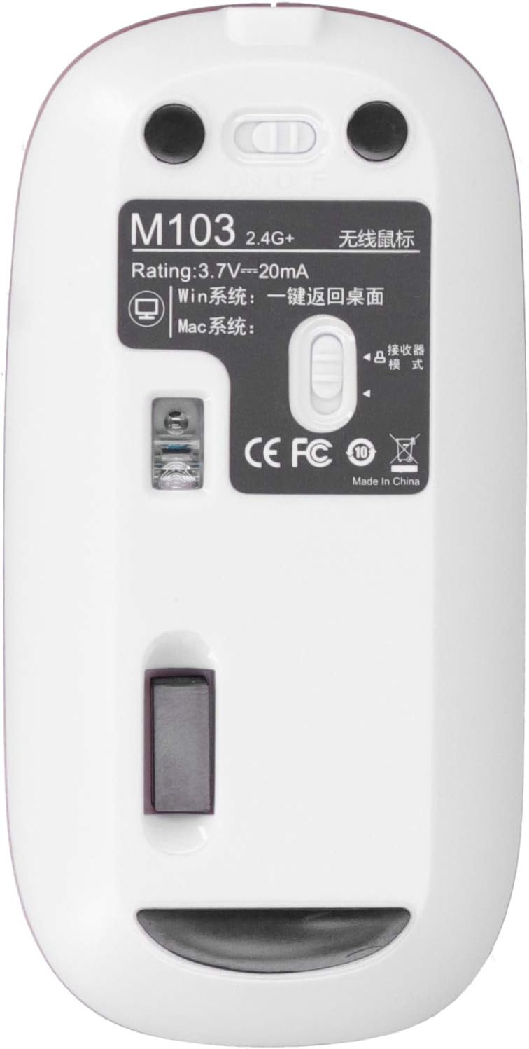 Bottom view of the fosa M103 mouse, showing the optical sensor, power switch, and a compartment for the USB receiver.