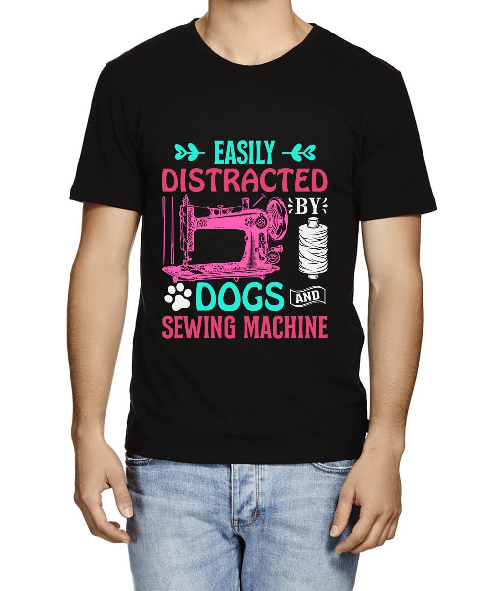 CaseriaMen's Round Neck Cotton Half Sleeved T-Shirt with Printed Graphics - Dogs Sewing