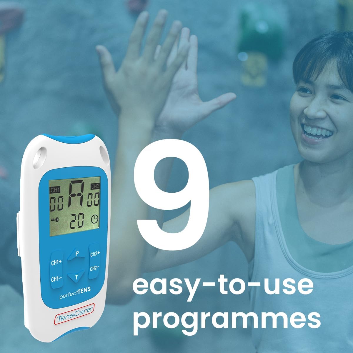 Image showing the TensCare Perfect TENS unit with a large number 9, indicating 9 easy-to-use programs.