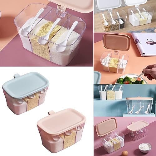 Miniatura 6 de AKOAK 1 caja de condimentos de plástico con tapa, caja transparente de tres compartimentos con tapa y cuchara, fregadero de almacenamiento de