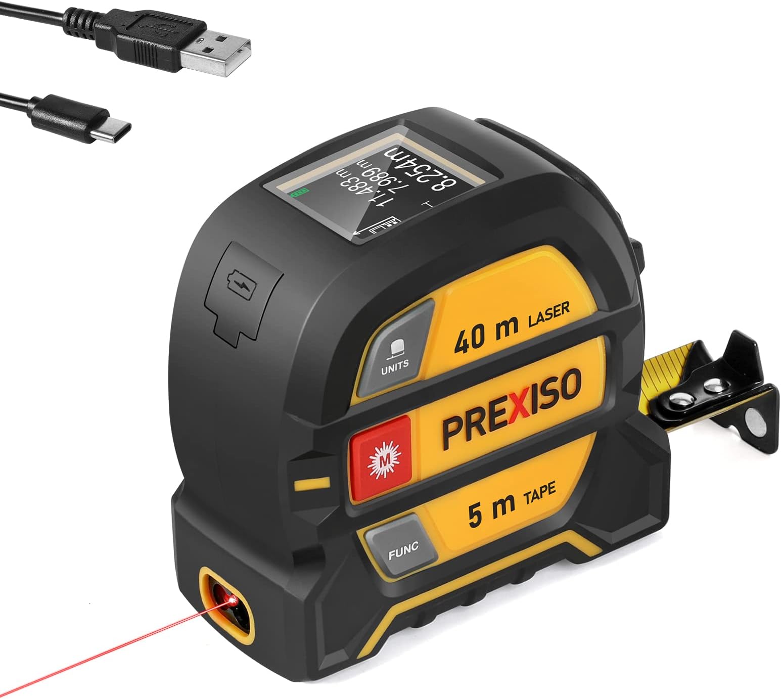 PREXISO Laser Rangefinder, 40 m, Digital Laser Tape Measure with LCD Backlight, M/In/Ft, Rechargeable Laser Meter & 5 m Tape Measure, Pythagoras/Distance/Area/Volume Measurement