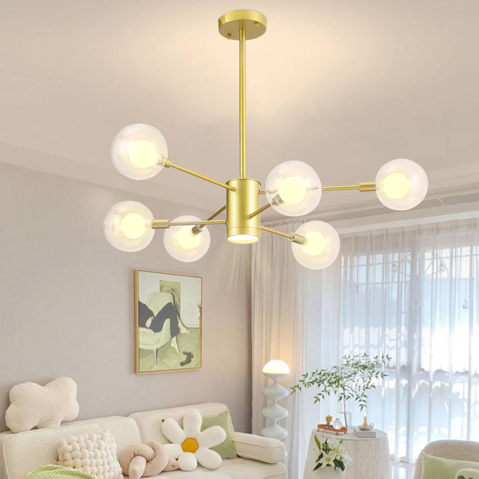 Warmiehomy Sputnik Ceiling Light, 6-Light Semi Flush Mount with Glass Globe