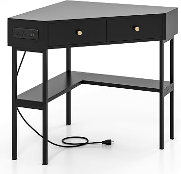 Corner Desk with Charging Station, 90 Triangle Desk w/ 2 Drawers, Storage Shelves, Corner Vanity Table for Bedroom, Compact Computer Desk for Small Space