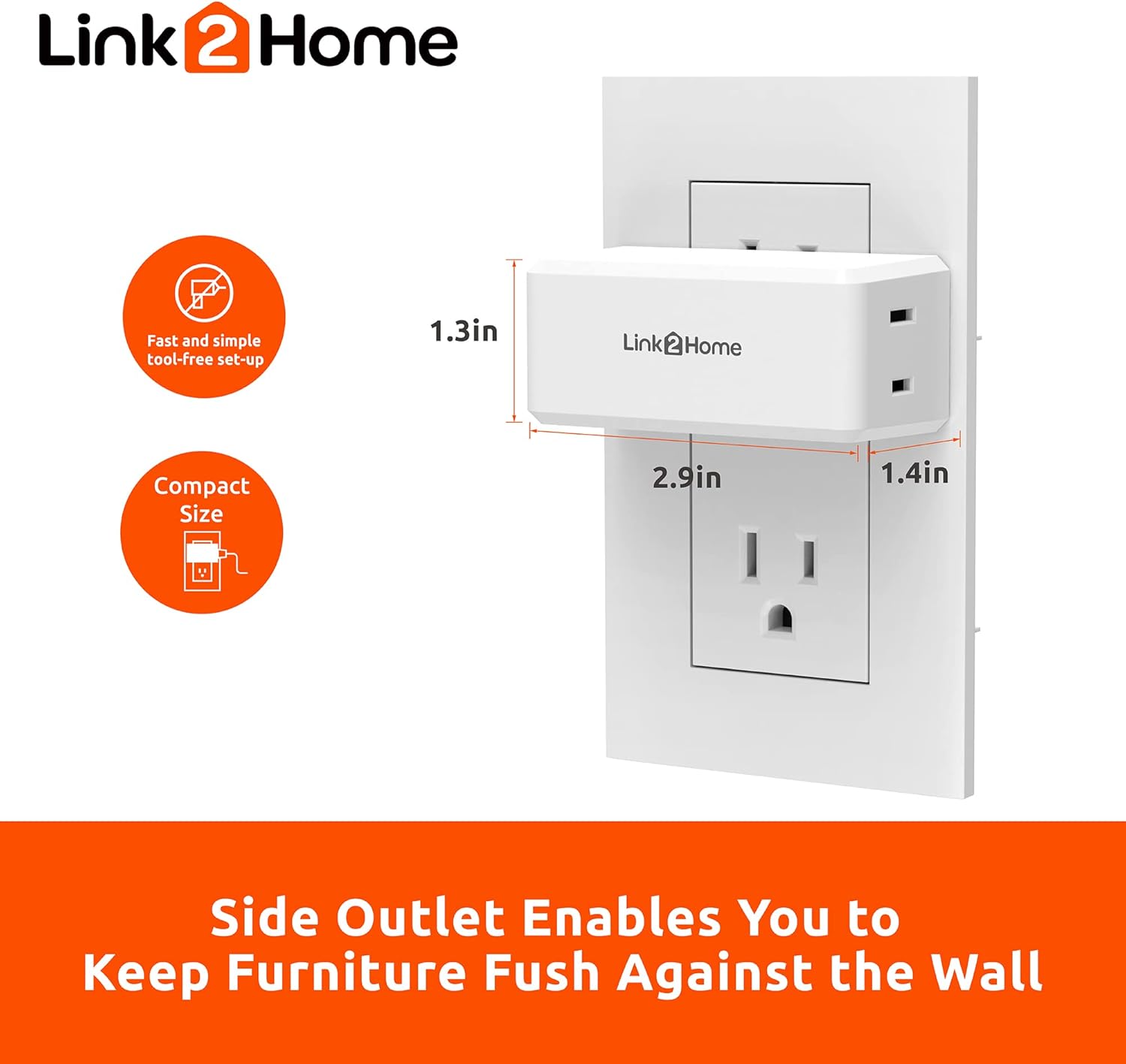 Link2Home Wireless Remote Control Outlet dimensions and side plug feature