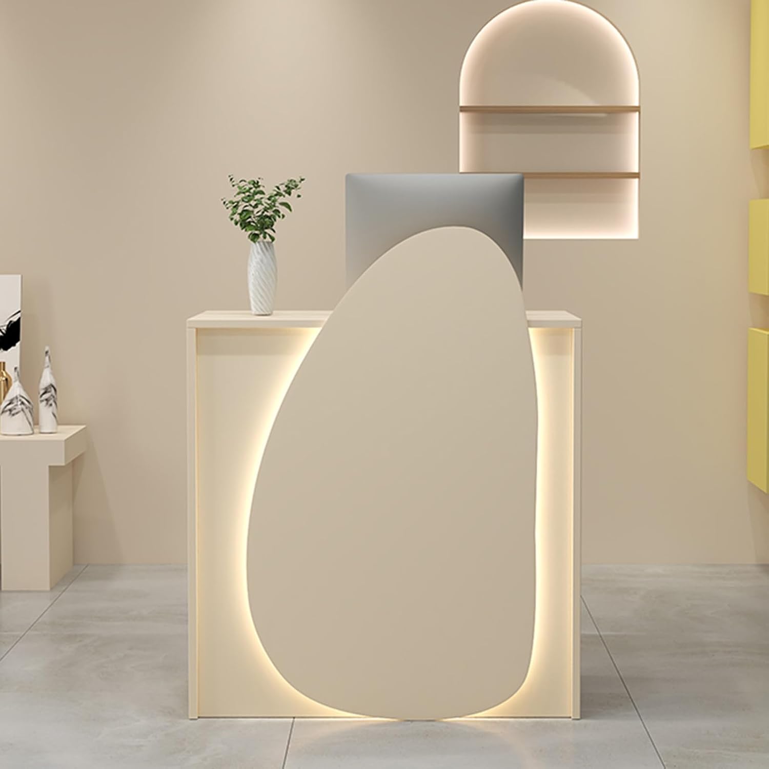 Modern Reception Desk with LED Lights,Checkout Counter with Lockable Drawer & Shelves,Front Counter Table for Reception Room, Lobby Beauty Salon Retail Clinic Office(Light Yellow,80/31.5in)