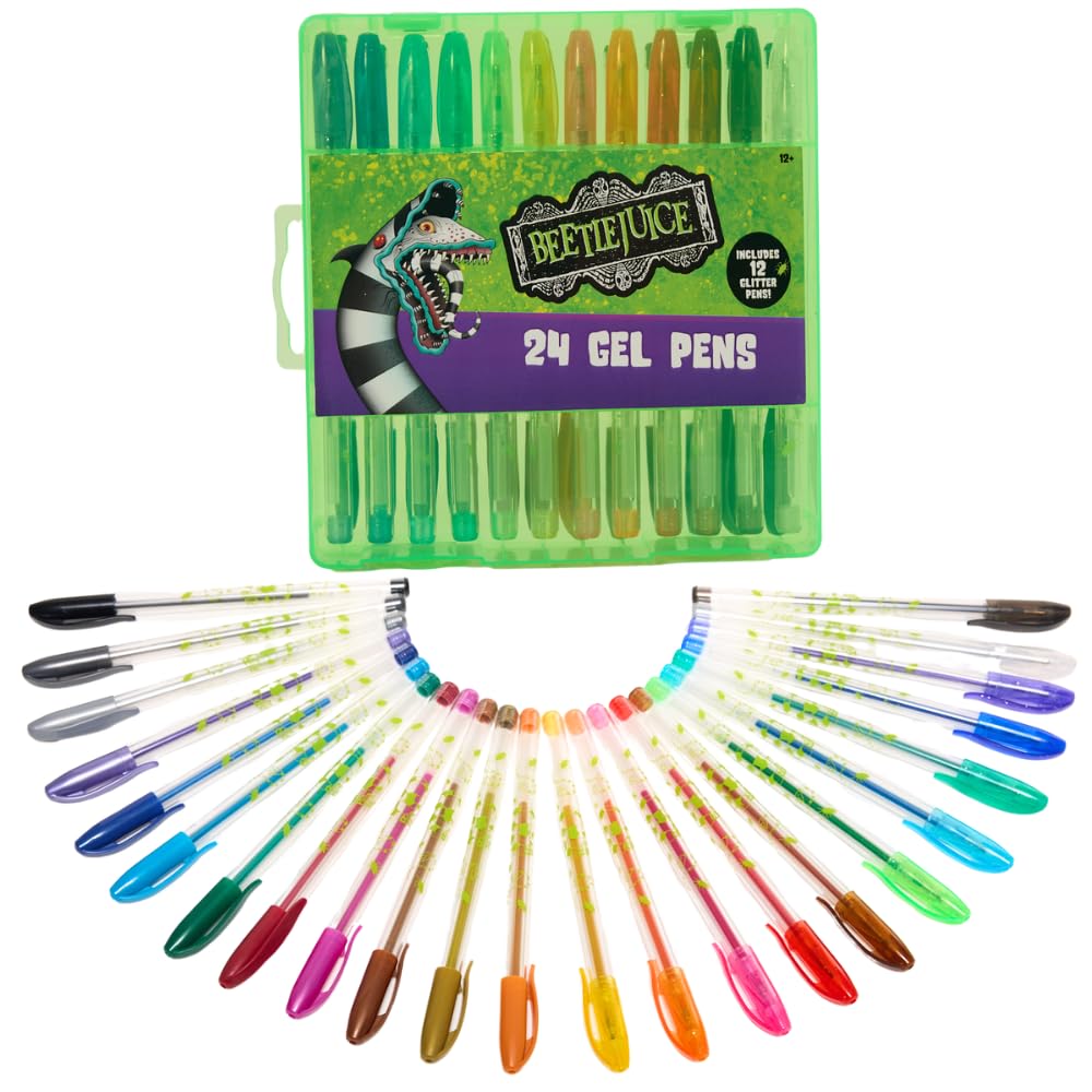 Innovative Designs Beetlejuice Gel Pens Set for Kids, 24 Pack with Glitter Gel Pens, Cute Pens for Kids, Teens, and Adults