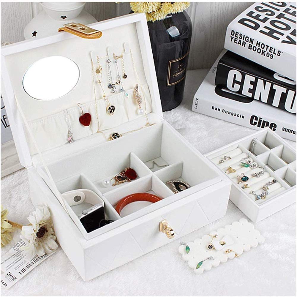 Schmuckschatulle mit Fächern – 2 Ebenen – Schnalle und Verschluss – großer Spiegel – Lederdesign – Schmuck-Organizer für Frauen und Mädchen – Halter für Ohrringe, Ringe, Halsketten und Armbänder