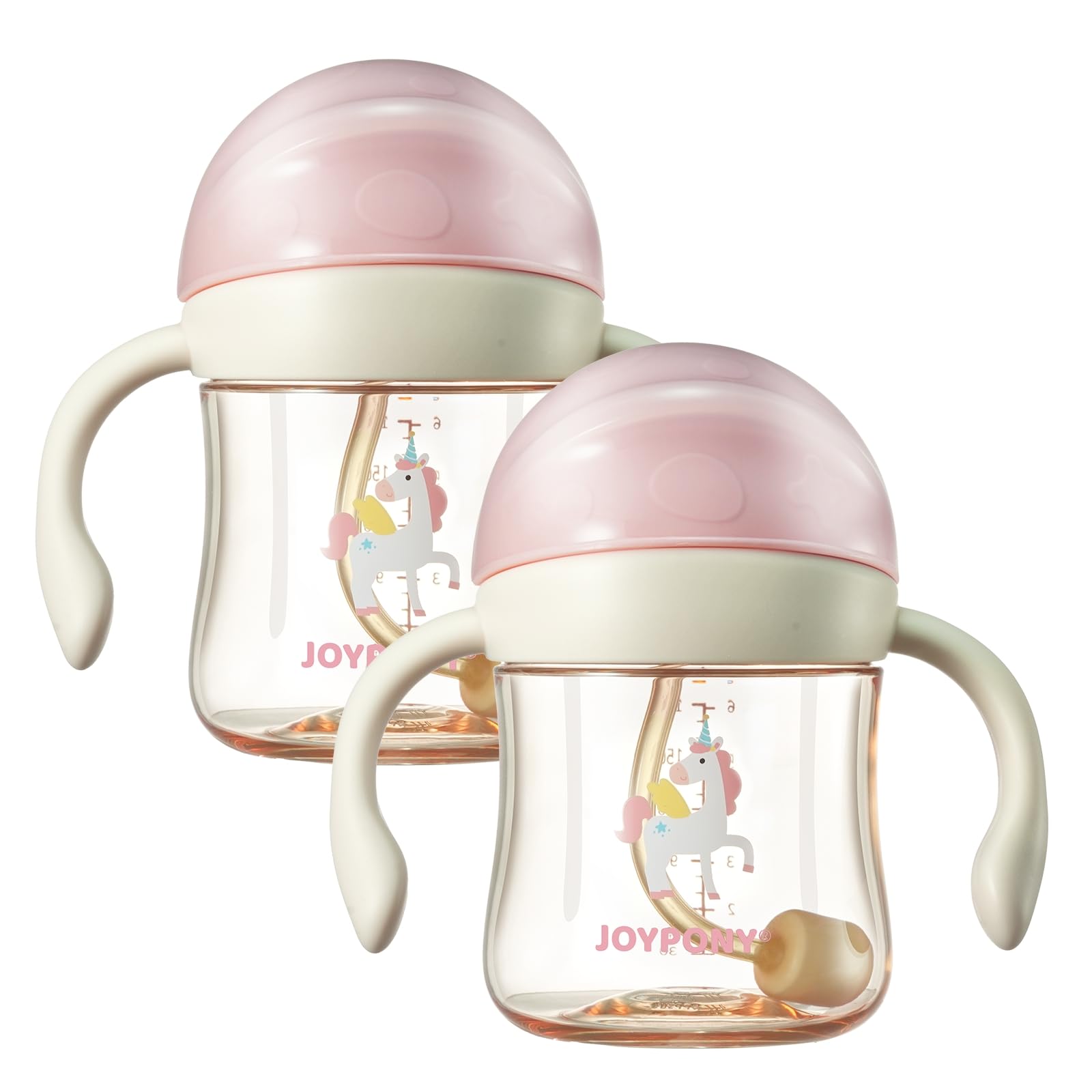 Joypony PPSU Sippy Cup for Toddlers 6-36 Months, Spill Proof Weighted Straw Cup with V-Valve & Handles, 177 ml BPA Free Baby Water Bottle for Transition with 2 Silicone Straws & Brush - Pink, 2 Pack