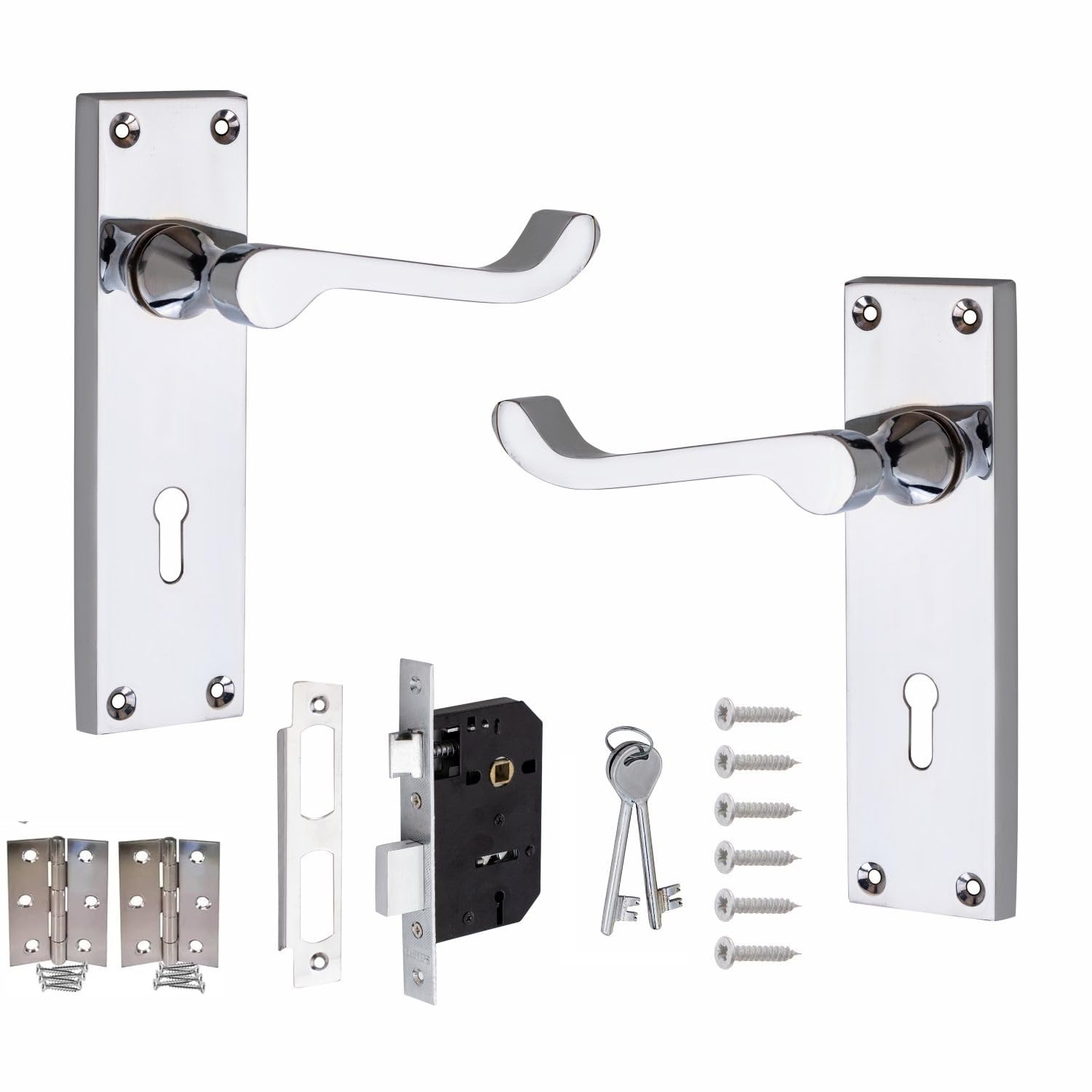 Golden Grace - Victorian Scroll Door Handle - 2 Lever Lock - Polished Chrome