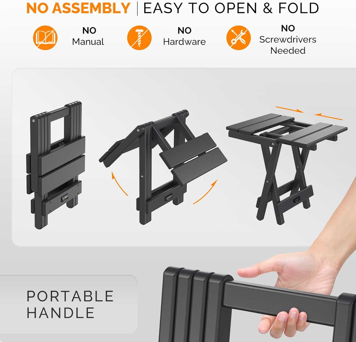 VINGLI Small HDPE Folding Side Table, Plastic Waterproof Portable Adirondack Coffee End Tables, All Weather for Patio, Backyard, Pool, Indoor Use, Slats Style, Black