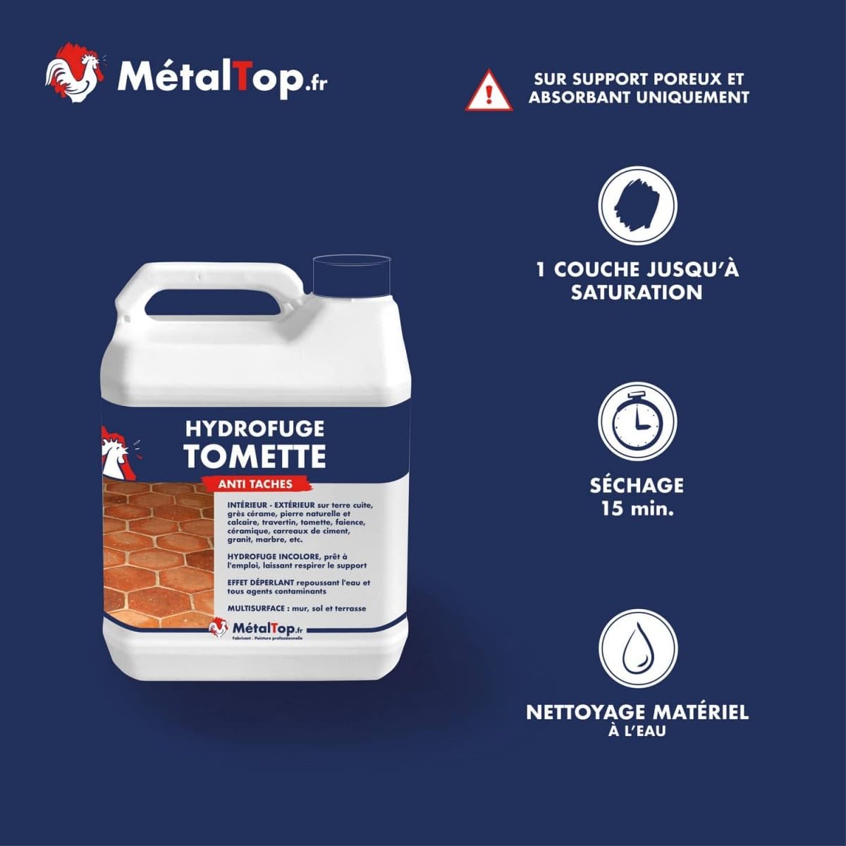 Metaltop - Hydrofuge Tomette - 5 L - Protection invisible anti-taches pour sols en terre cuite et carreaux poreux