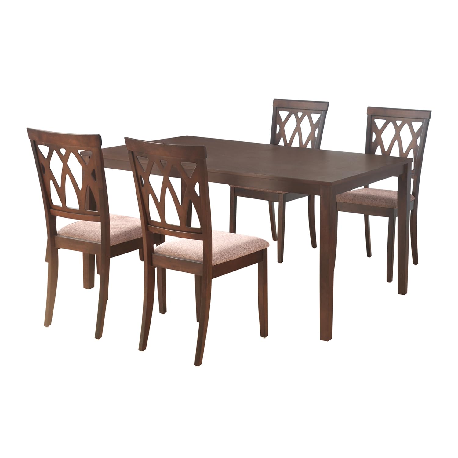 @Home Peak Solid Rubber Wood Dining Table 4 Seater| Four Seater Wooden Table with Four Chairs with Cushion| Dining Room Set| Rubberwood, Cappuccino