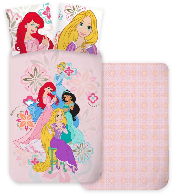 Parure de Lit Princesses Disney, Housse de Couette Réversible 140x200 cm + Taie d'oreiller, 100% Coton, avec Ariel, Jasmine, Raiponce et Cendrillon
