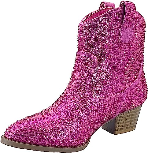 Forever Girls Rhinestone Cowboy Boots Kids Low Heel Dress Booties River-01K Fuchsia 12