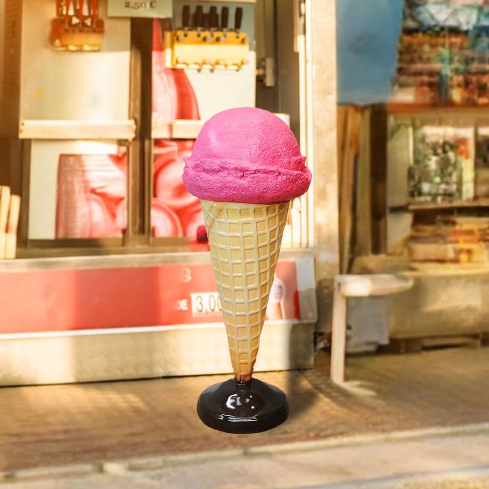 The King's Bay Strawberry Ice Cream Cone Floor Mounted Advertising Sign - 15.5 x 15.5 x 37.5 inches - Fiberglass - Retro Style - Fun Ice Cream Theme