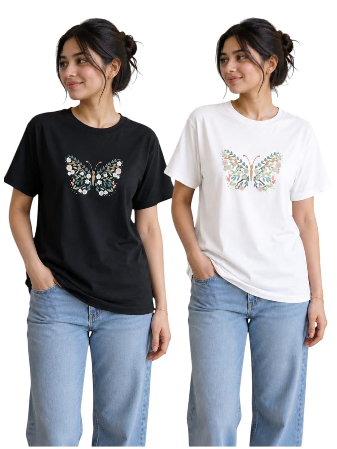 Women's Multicolour Butterfly Graphic Printed T-Shirt Combo | Cotton Round Neck Casual Wear T-Shirts for Women & Girls (Black, White, Grey)-picture-47