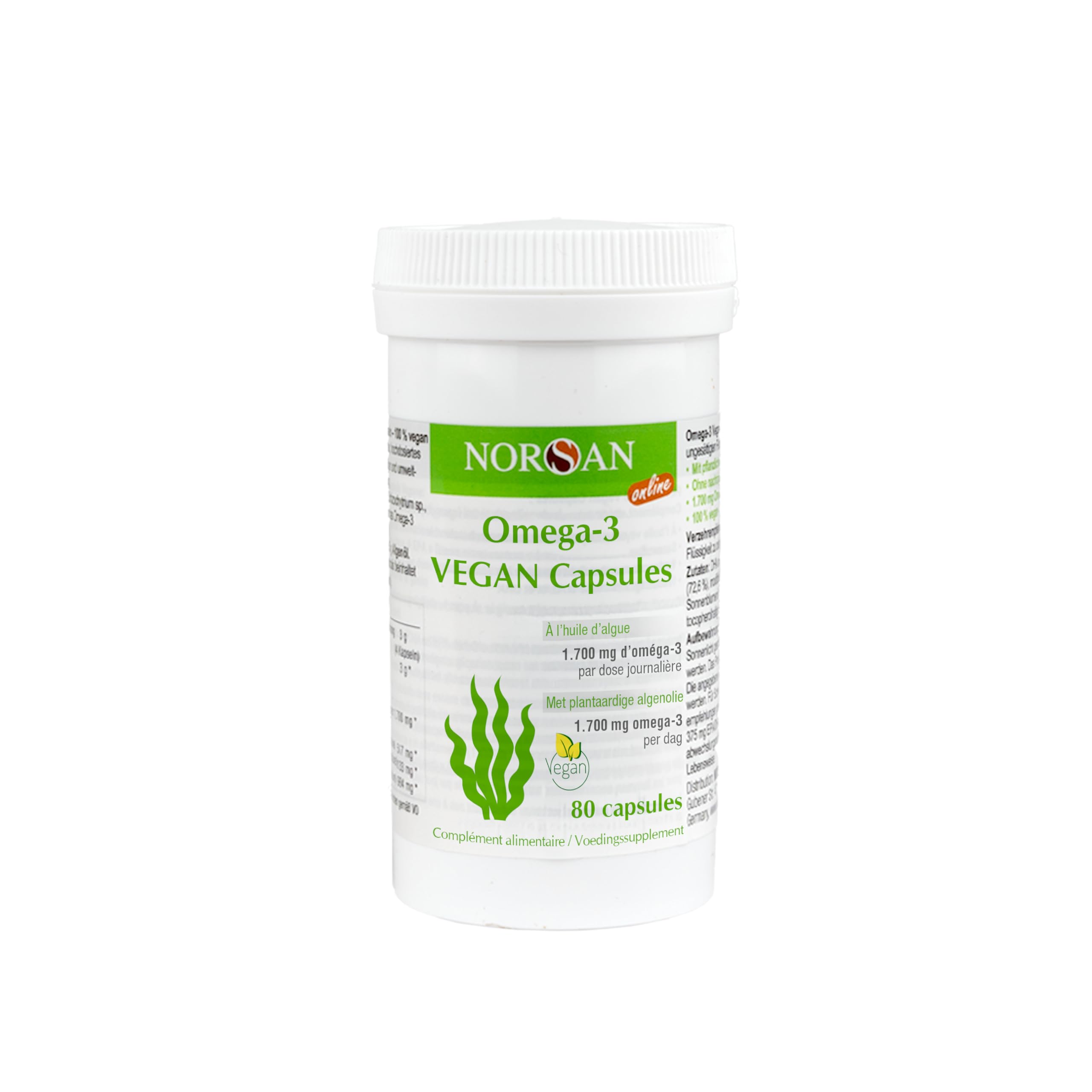 NORSAN Premium omega 3 vegan capsules 80 pièces / 1.700mg oméga 3 par dose journalière / omega3 végétalien avec 420 mg d'EPA & 840mg de DHA/vegan omega 3 issu de l'agriculture durable | 1 700 mg Omega 3 EPA DHA à partir d'algues - Sans reflux - Algues dur