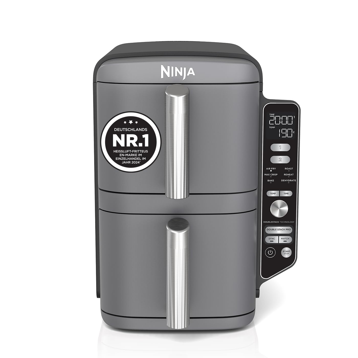 NINJA Double Stack XL Friteuse sans huile, friteuse verticale à 2 tiroirs, 4 niveaux cuisson, 2 tiroirs et 2 grilles, design compact, capacité de 9,5L, 6 fonctions de cuisson, 8 portions, gris SL400EU
