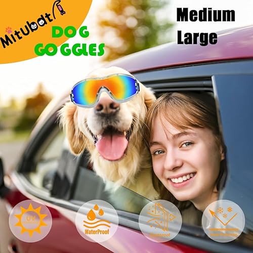 Miniatura 9 de Gafas de sol para perros para mascotas medianas y grandes, protección UV, protección contra el viento, protección contra el polvo, correa ajustable,