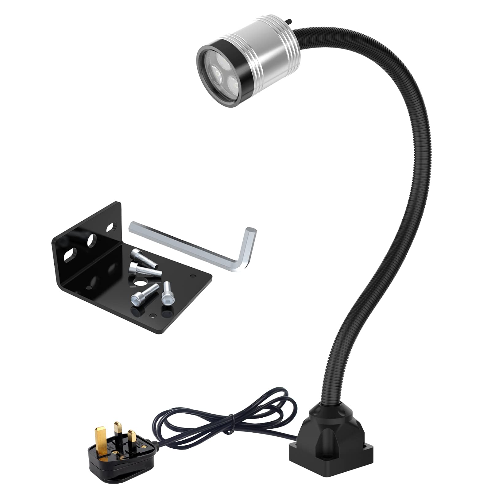 Xinyiqi Black Led Work Light 9W 230V 500Mm Flexible Gooseneck Screw Fixed Base, For Cnc Lathe Industrial Machine Tool, (Uk Plug)