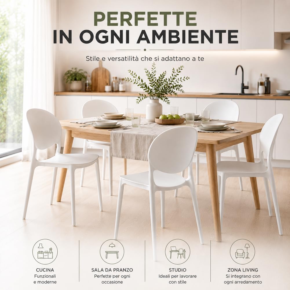 BAKAJI Set 4 Sedie da Pranzo Impilabili Salvaspazio Modello Milano, Struttura Resistente Polipropilene, Seduta Ergonomica Ideale per Interno, Esterno, Casa, Giardino, Ristorante, Bar, 48 x 40 x 80 cm