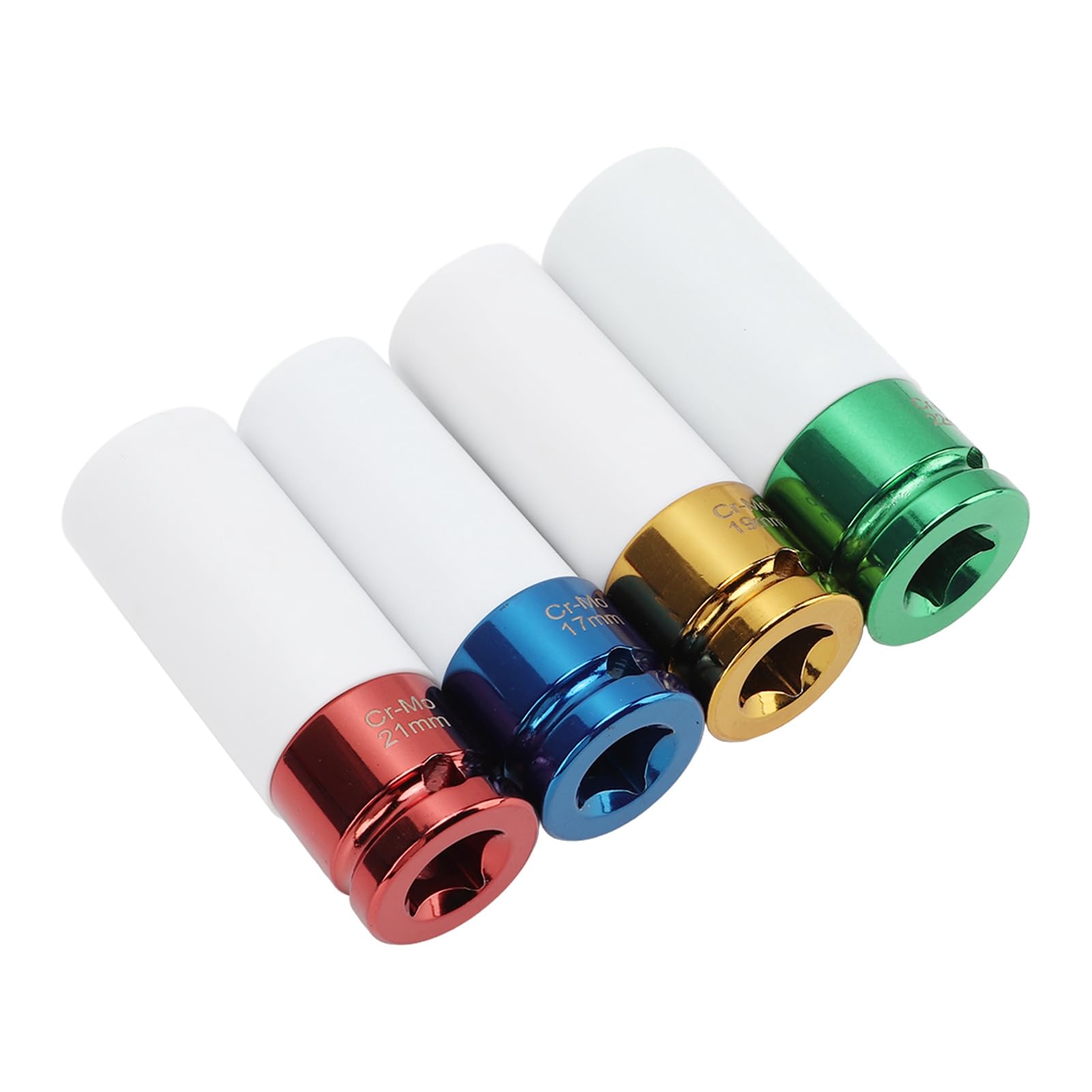 4-częściowy zestaw nakrętek koła napędowego 1/2 cala Zestaw nasadek udarowych 17 mm 19 mm 21 mm 22 mm Metryczne 6-punktowe, kodowane kolorami Ochrona przed zarysowaniami z etui do