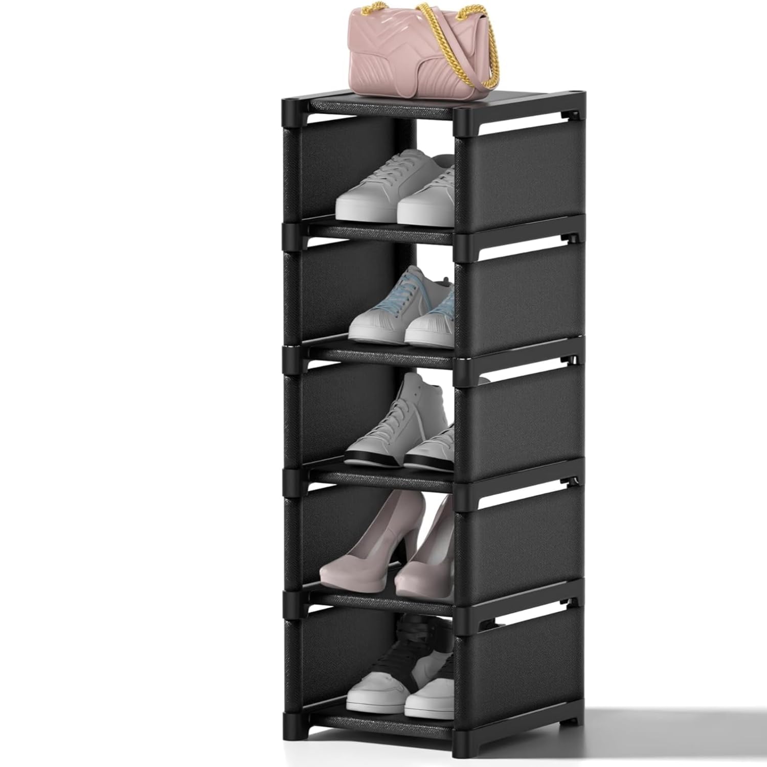 Yeahbo Narrow Small Shoe Storage Rack 6 Tier Black, Vertical Shoe Rack for Slim Space, Shoe Racks Storage, Shoe Organizer for Hallways, Kitchens, Bedrooms Space Saving Corner Shoes Storage Shoe Shelf