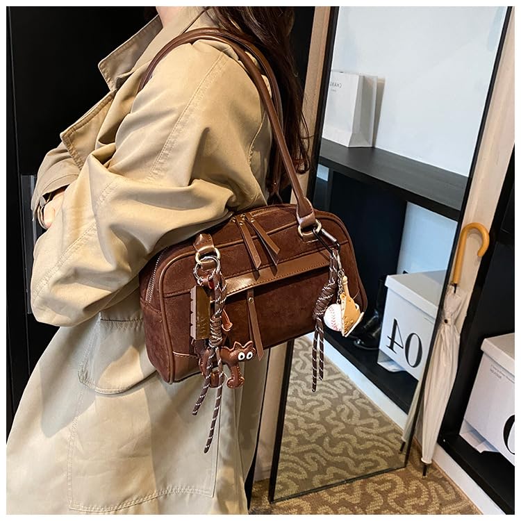 Suede Shoulder Bags for Women Vintage Bowler Bag Stylish Fall Purse Shoulder Handbags Retro Top Handle Bag with Cute Pendant2