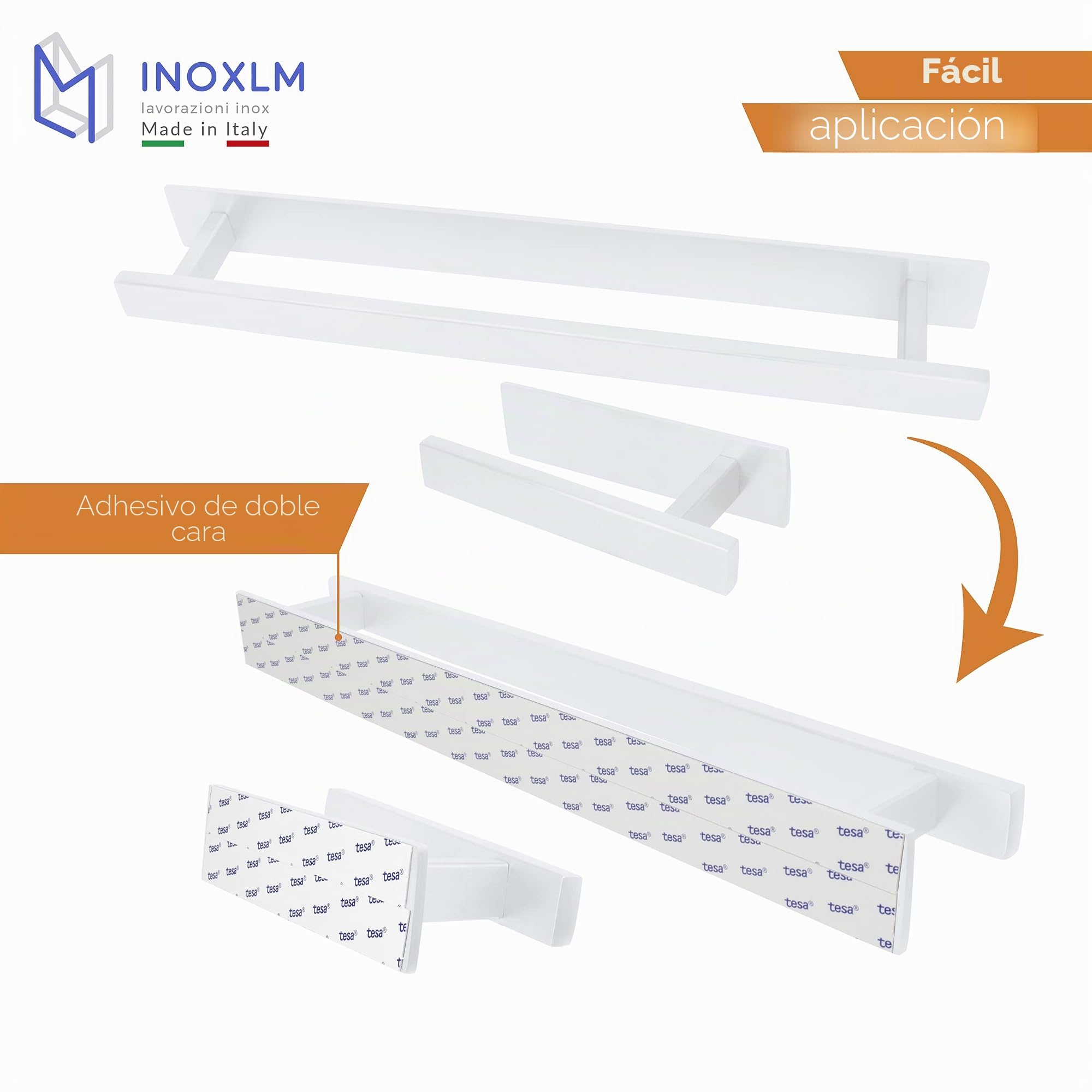 INOXLM - Kit de Baño Adhesivo | Toallero y Portarrollos Sin Agujeros | Porta Papel Higiénico (Kit Completo 2 Piezas, Blanco)