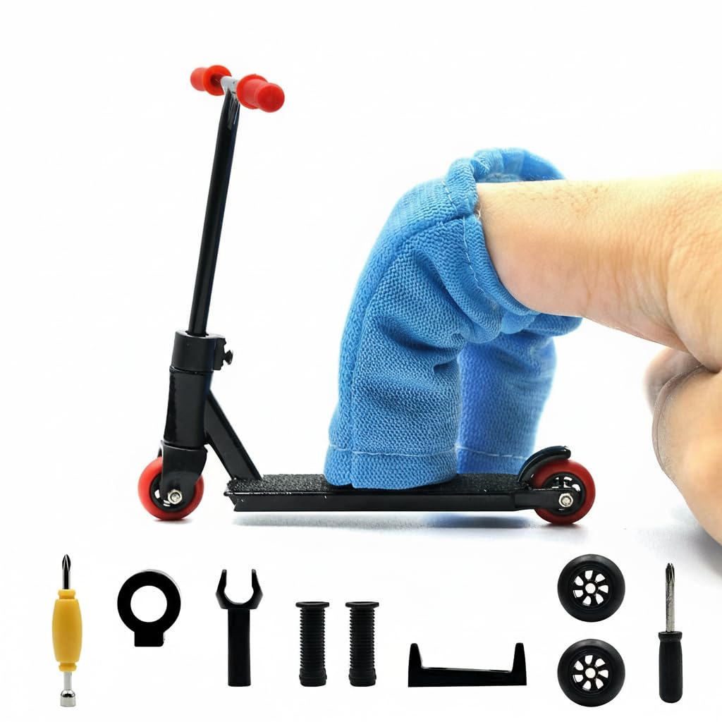 KASTWAVE Mini Skateboards for Fingers with Pants, Alloy Finger Scooter Model Set, Interactive Finger Toy Mini Scooters Tools, Novelty Sensory Activity Gift for Skateboarder (Black)