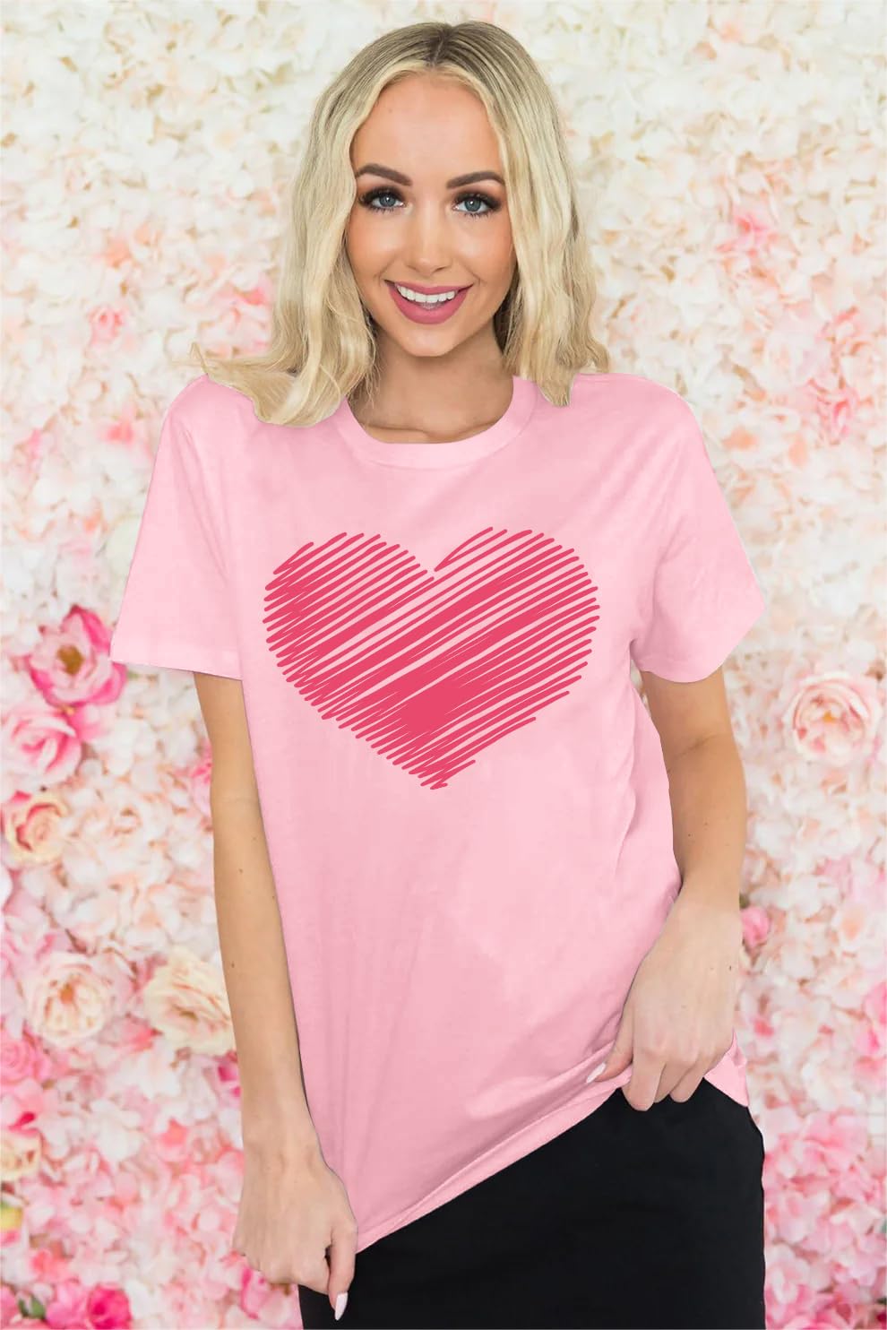 Women's Valentines Day Shirts Heart Print Crew Neck T Shirts 3/4 Sleeve