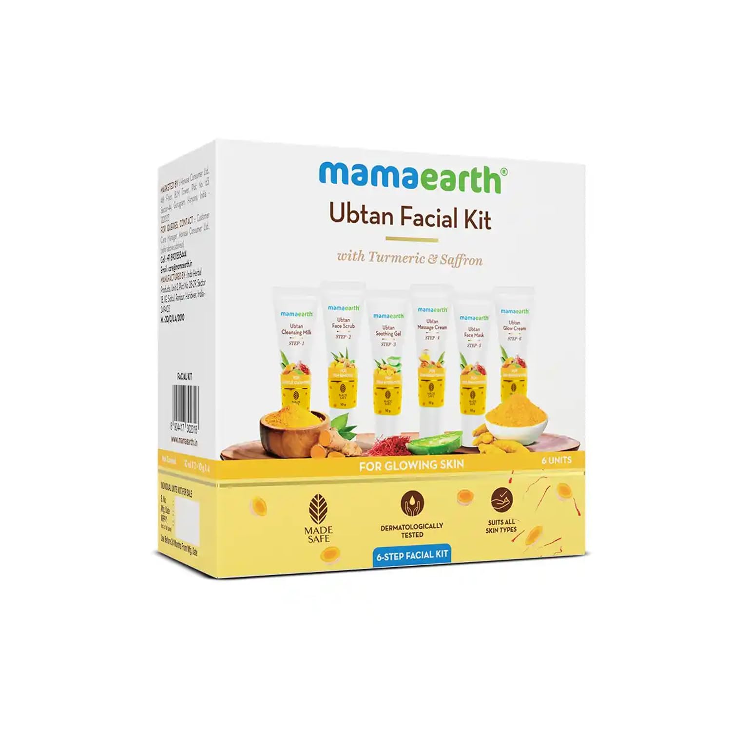Mamaearth Ubtan Facial Kit for Glowing Skin, 6 Step Regimen with Turmeric & Saffron | Deep Cleanse, Exfoliate, Hydrate, and Brighten | Suitable for All Skin Types | Made Safe Certified | 60g
