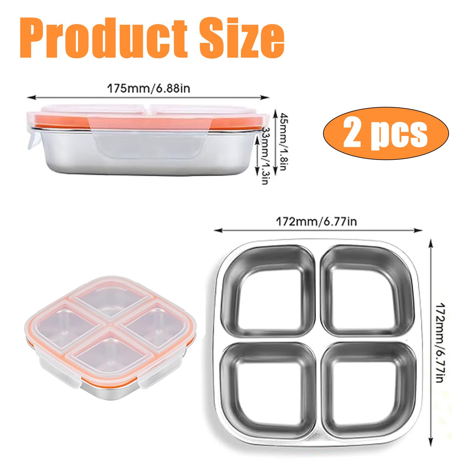 2 szt. lunchboxów z 4 przegródkami, 600 ml stal nierdzewna, szczelne bento boxy z pokrywką, wielokrotnego użytku, do szkoły, pracy i na camping