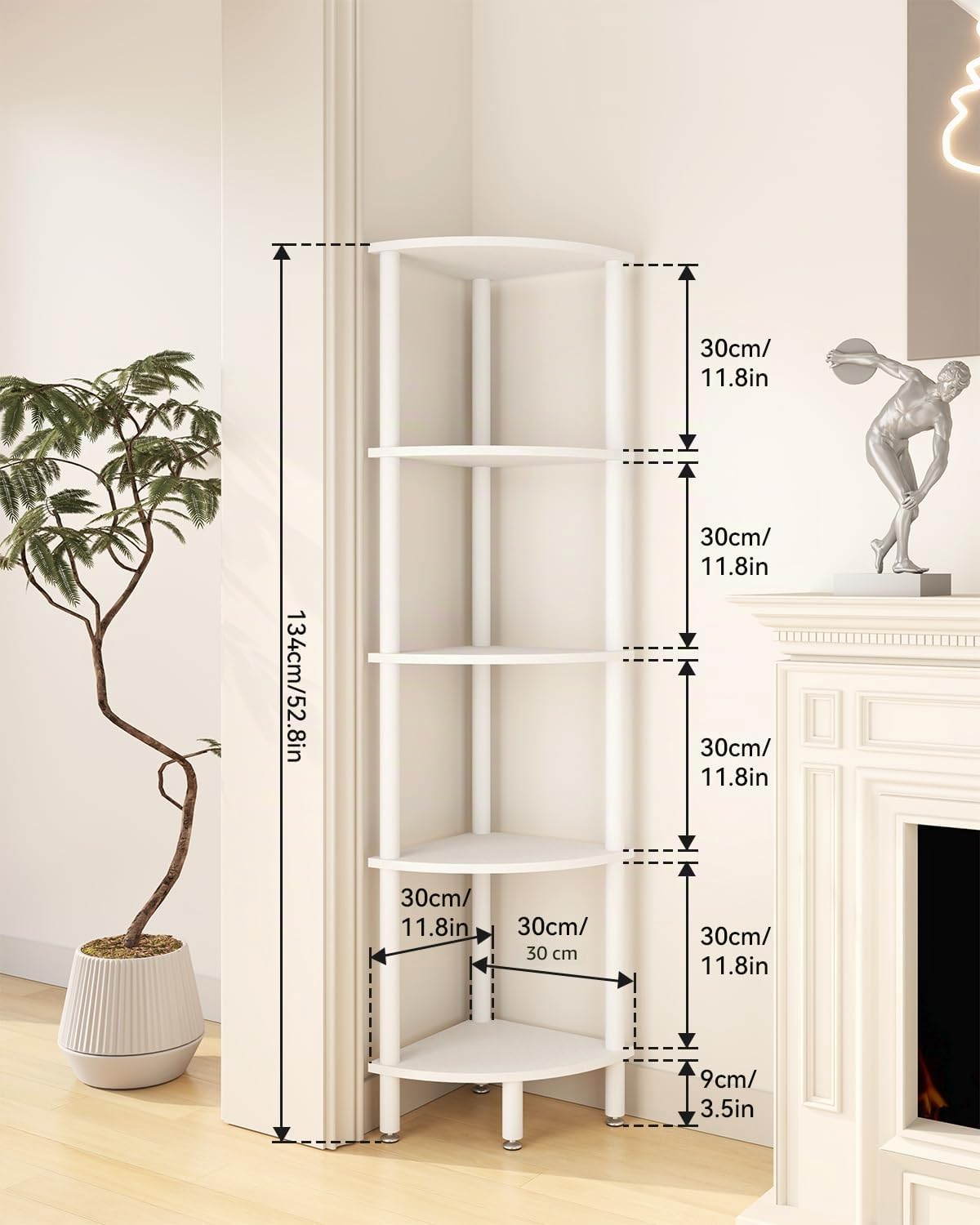 IBUYKE 5 Tier Corner Shelf Stand,Industrial Corner Display Rack,Corner Bookshelf for Living Room, Bedroom, Kitchen, Home Office, White WBC010W