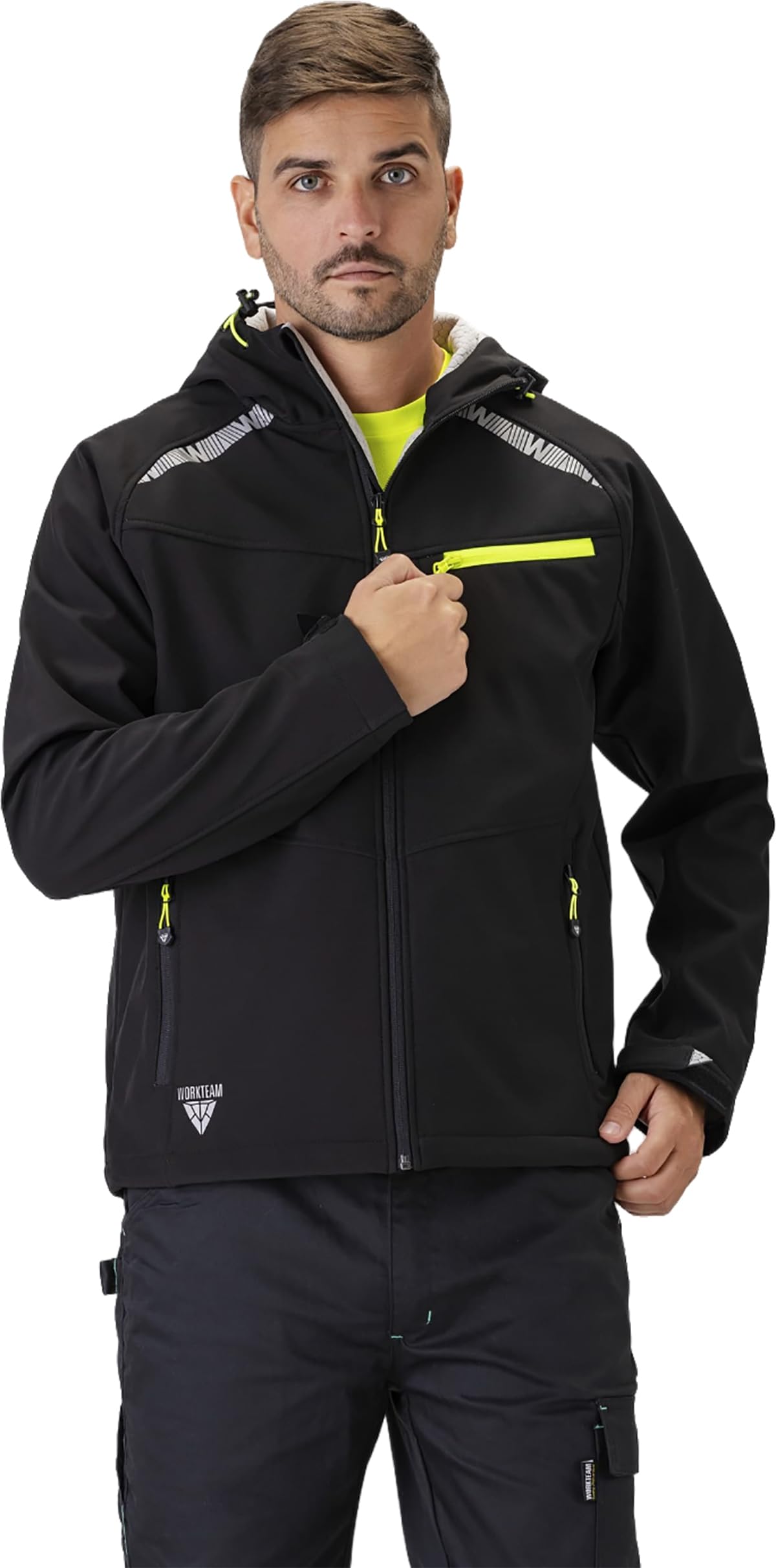 WORKTEAM Chaqueta Softshell, Cortavientos Transpirable y Repelente al Agua, Interior Polar Térmico, Capucha Ajustable y Detalles Reflectantes. Unisex
