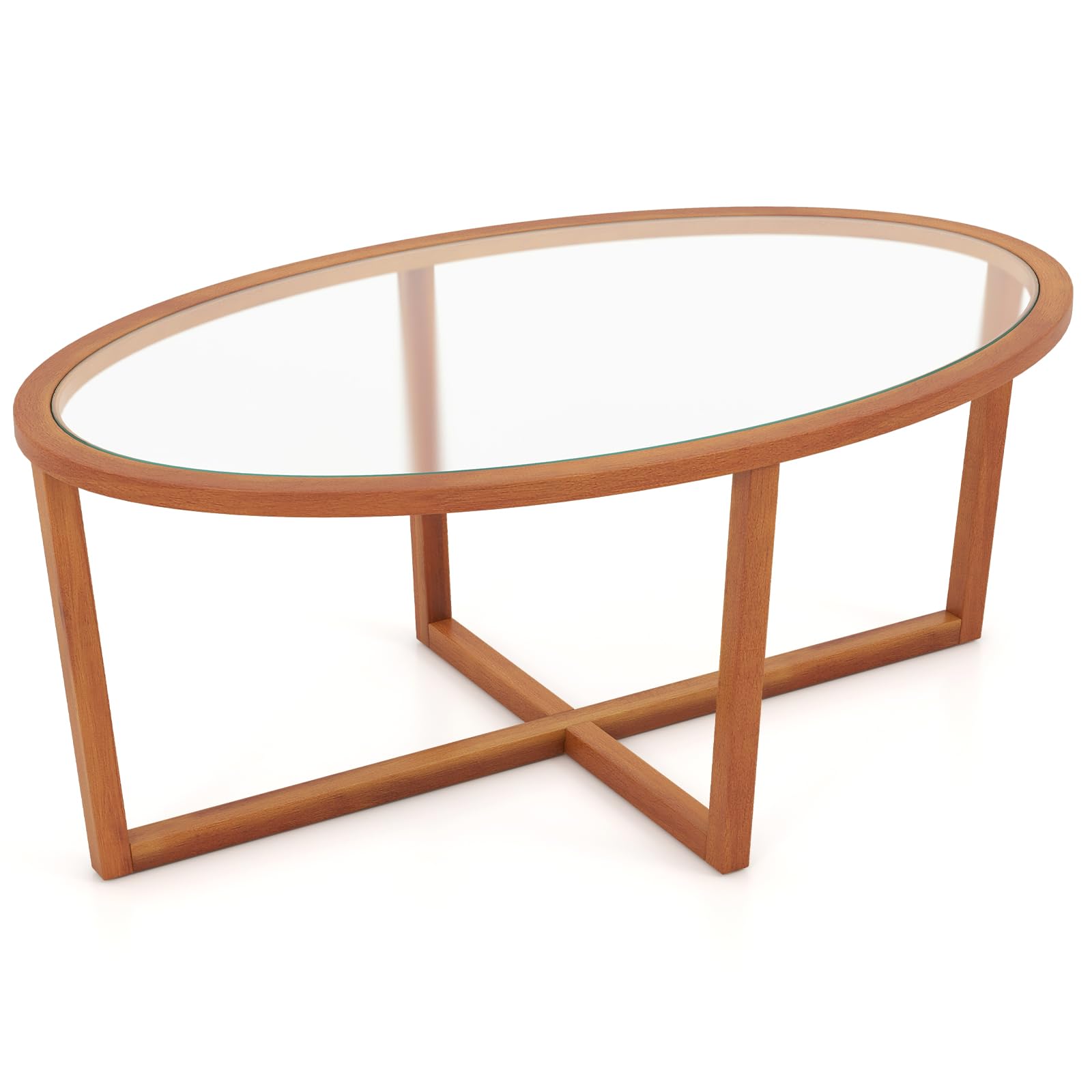LIFEZEAL Table Basse Ovale en Verre Trempé avec Cadre en Bois d’Acacia