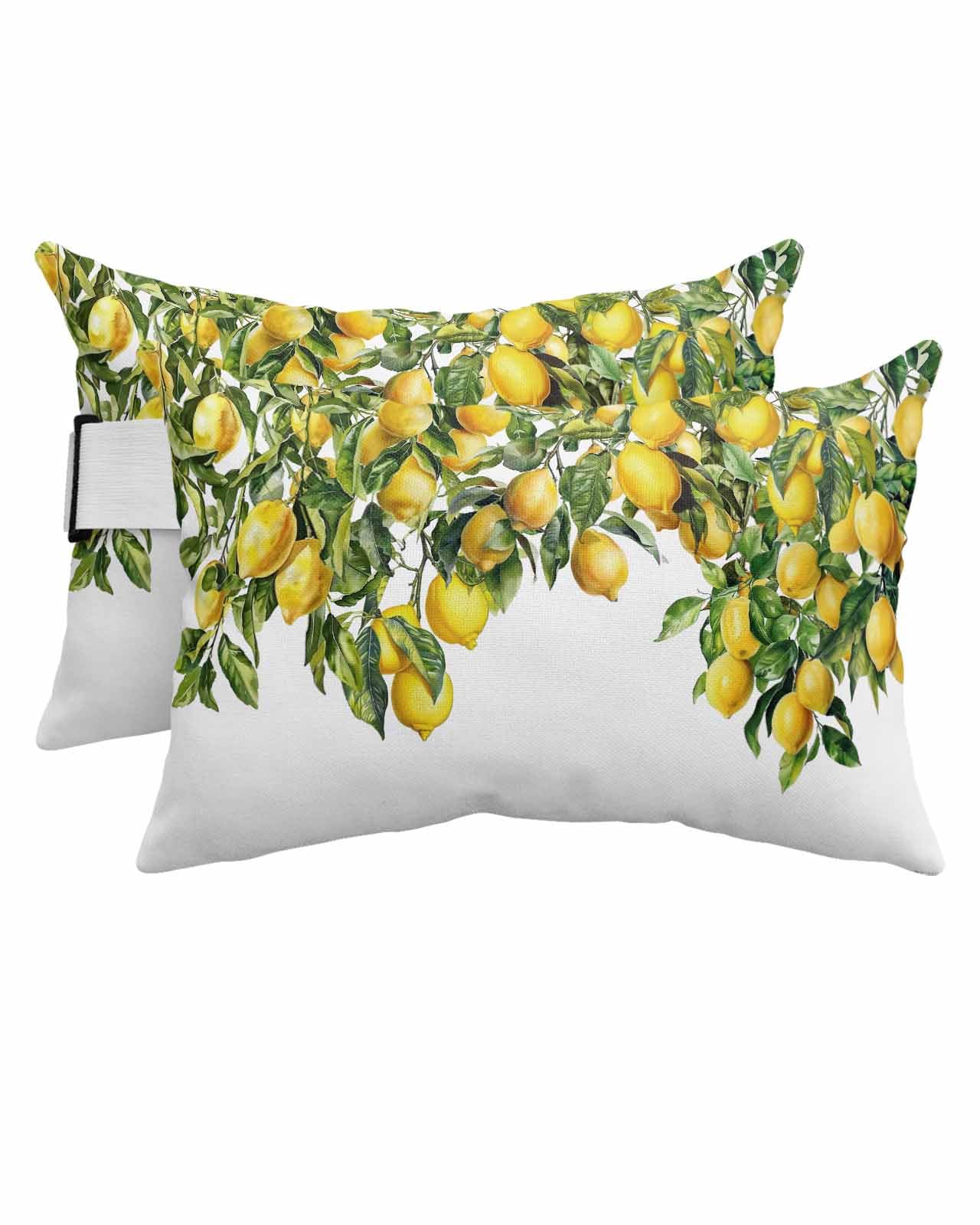 Anzona Pack of 4 Summer Lemon Lumbar Pillow Covers, Outdoor Waterproof Throw Pillow Covers Set, Green Botancial Summer Yellow Fruits Decorative Cushion Case for Patio Beach, 12x20 Inch