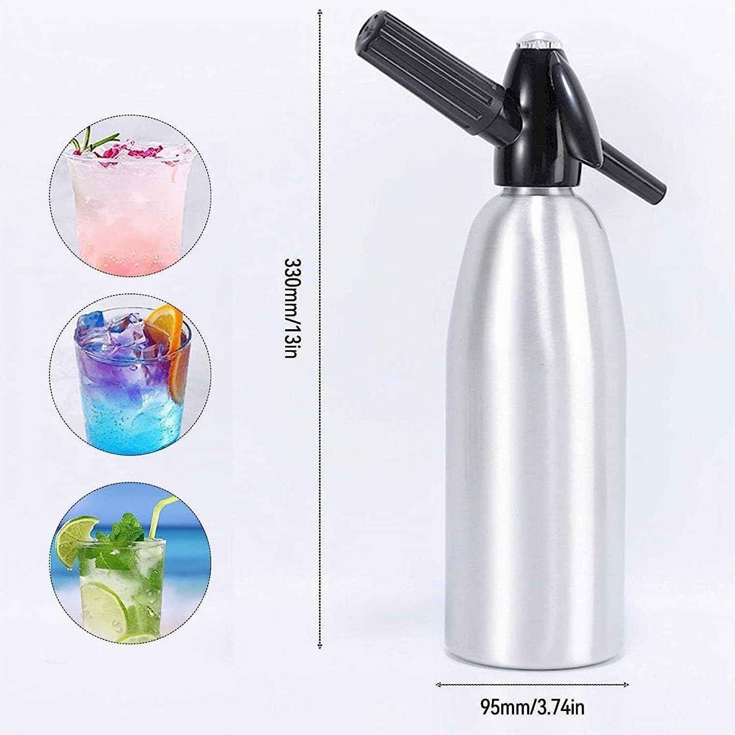 Sifón de Soda Manual 1L, Máquina para Hacer Agua con Gas de Aluminio, Sifón para Bebidas Carbonatadas, SIN Cápsulas CO2, Compatible con Cartuchos de 8g