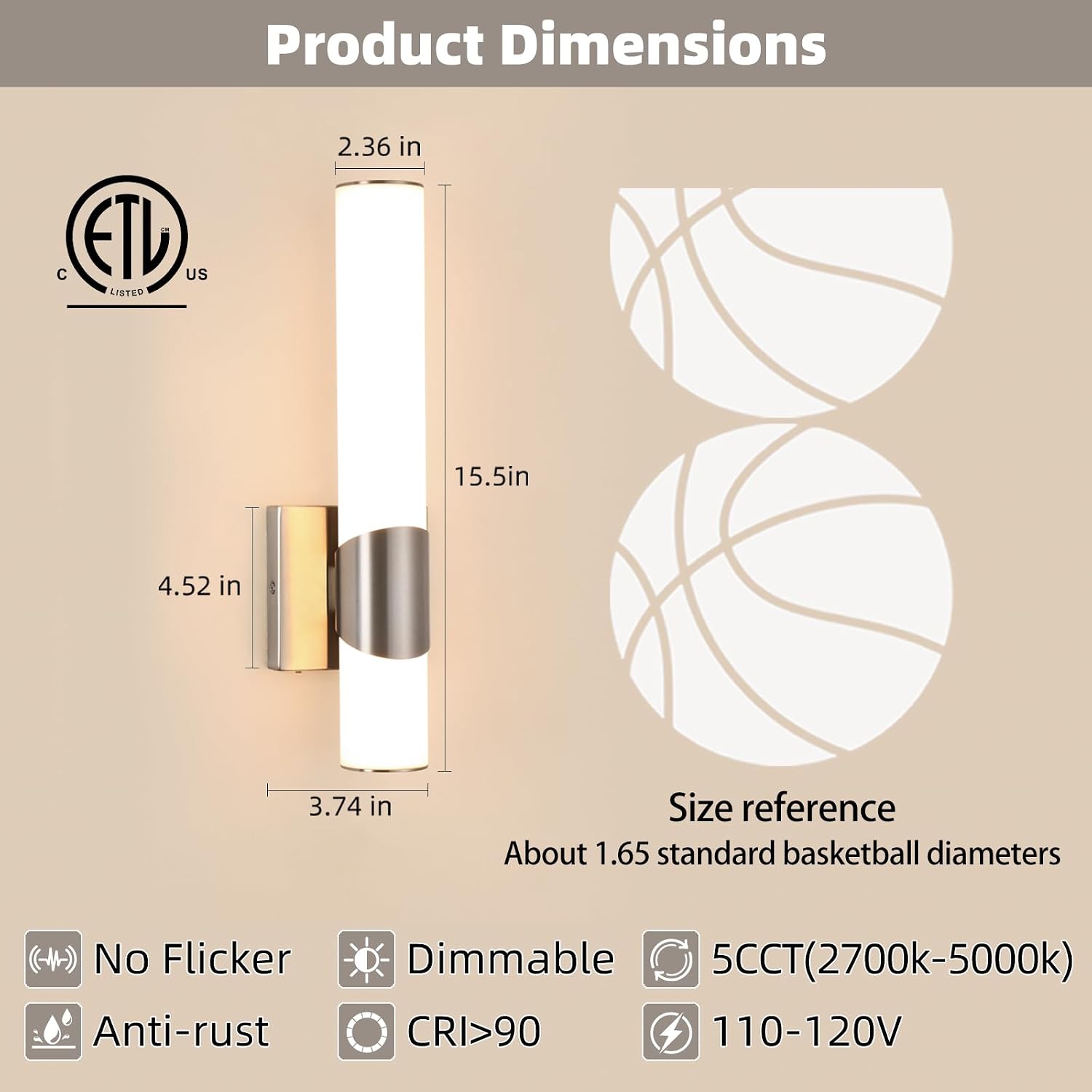 Wall Sconces Set of Two Brushed Nickel 5CCT Dimmable Bathroom Sconce with Acrylic Shade LED Hardwired Wall Light Fixtures for Bathroom Living Room Bedroom Hallway, 2 Packs